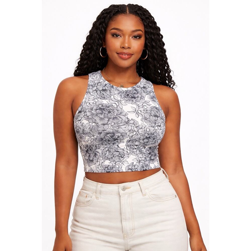 Balance Collection White Black Floral Sleeveless Crop Top Sz large Minimalist